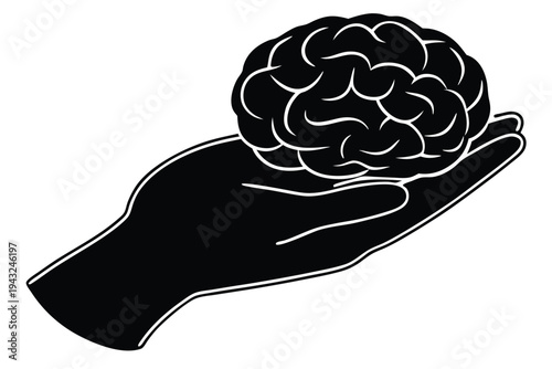 Stylized black and white vector art of a hand supporting a brain, conveying themes of mental wellness and cognitive support.