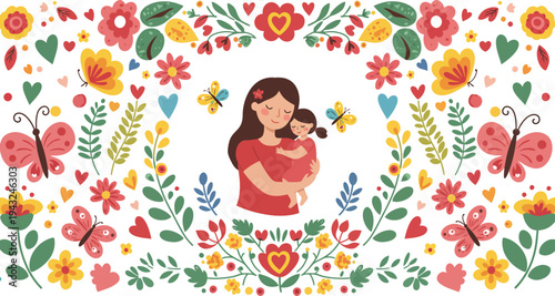 Mother and child surrounded by colorful floral wreath with butterflies and flowers