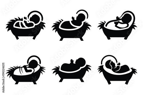set of baby jesus manger icon elements collection.