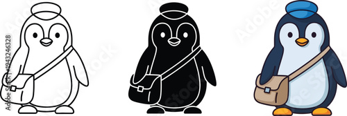 An adorable vector graphic illustration showcases a friendly penguin mascot character, equipped with a tiny messenger bag and a stylish blue hat, depicted in versatile line art, silhouette, and vibran