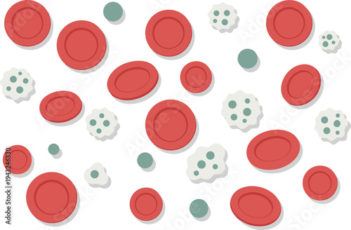 Medical illustration of scattered blood cells showing clusters of abnormal white blood cells multiplying among normal red blood cells, symbolizing leukemia, infection, and hematology disorders