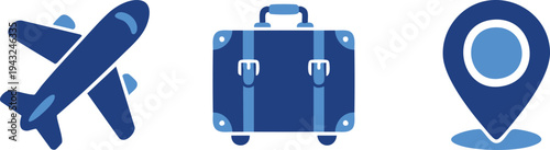 Set of 3 travel icons vector, airplane, suitcase, location pin