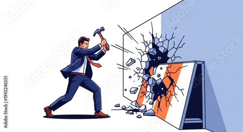 Man Breaking Wall with Hammer.