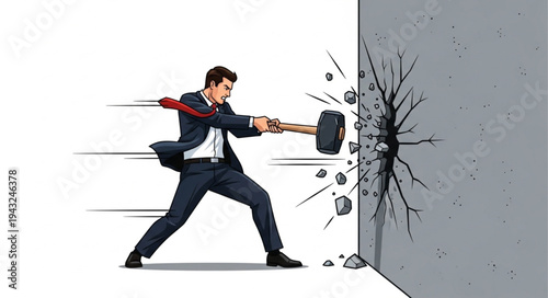 Man Breaking Wall with Sledgehammer.