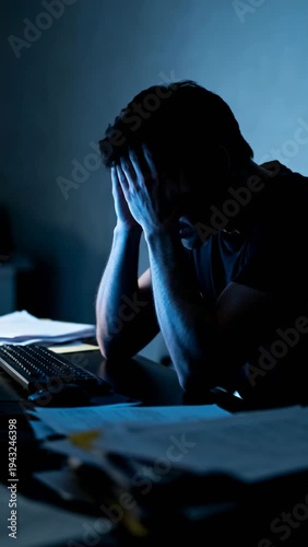 silhouetted man stressed at computer in dark room vertical video