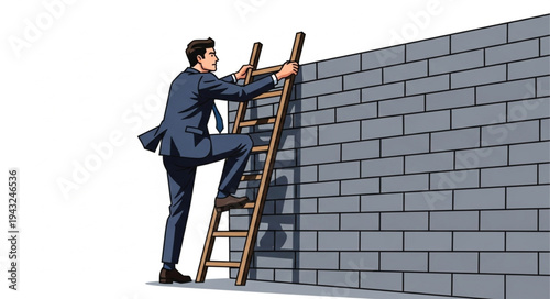 Man Climbing Ladder Against Brick Wall.