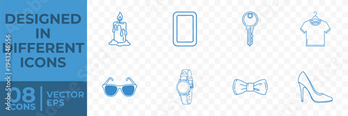 A collection of 8 flat vector icons featuring various objects, designed in a minimalist style.