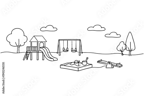 Black and White Playground Vector, Children’s Wooden Playhouse with Slide Swings and Sandbox Line Drawing