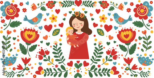 Little girl in red dress surrounded by colorful flowers and birds illustration