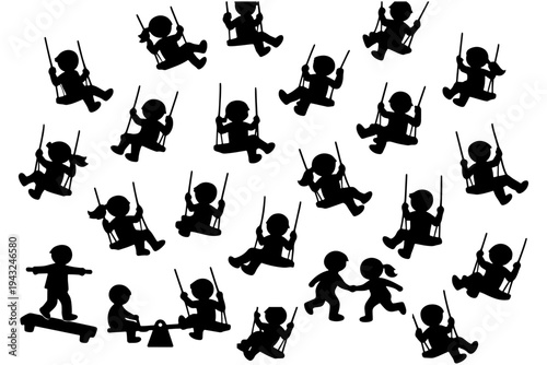 Black Silhouette of Kids on Swings, Children Playing Outside Playground Vector Isolated Background