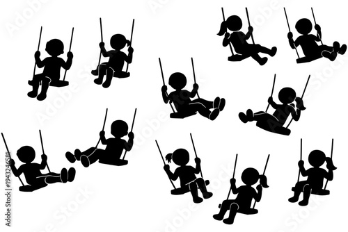 Children on Swings Black Silhouette, Kids Playing on Playground Outdoor Activities Vector Isolated on White