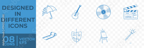 A set of 8 flat vector icons representing various art, music, and film elements, including an umbrella, guitar, CD, clapperboard, and more.