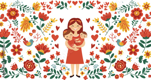 Woman in red dress holding child surrounded by colorful floral pattern