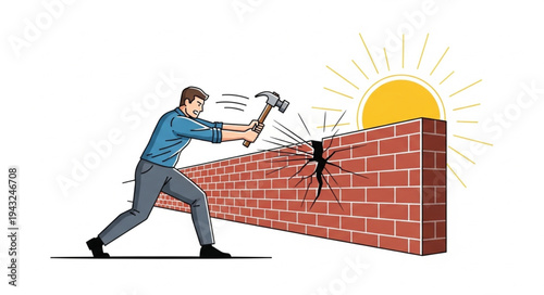 Man Demolishing Brick Wall with Sledgehammer.