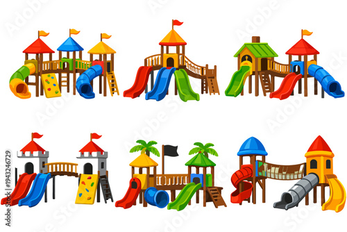Colorful Playground Equipment Vector, Children Playing in Outdoor Park, Fun Structures for Recreation and Games