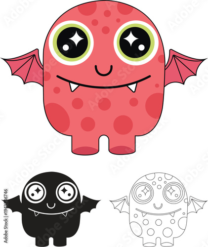 Cute Red Winged Monster Alien Character with Spots and Sharp Teeth Vector in Colorful Silhouette Outline