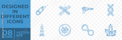 A flat vector graphic featuring 8 science-related icons, including a meteorite, satellite, and DNA double helix.