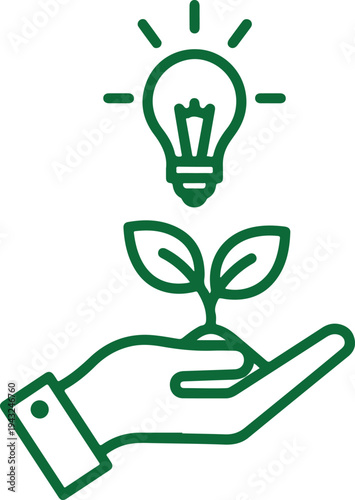 A hand nurtures a growing plant with a glowing light bulb as its leaves Vector, illustration
