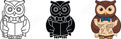 A wise owl vector illustration featuring three distinct versions: a detailed outline, a bold black silhouette, and a charming full-color graphic, all depicting a learned bird wearing a bow tie 