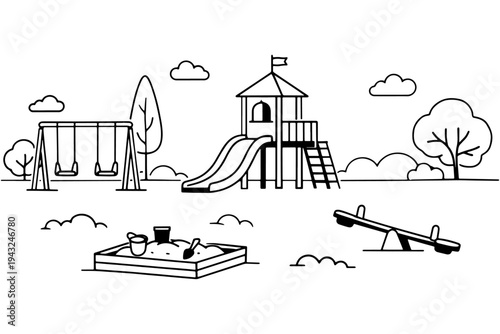 Kids Playground Black and White Vector, Wooden Playhouse Slide Swings Sandbox Outdoor Activity Illustration