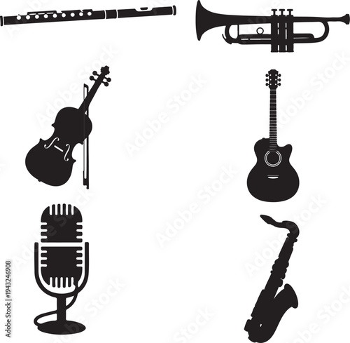 Black silhouette set of musical instruments isolated on white background vector illustrationBlack silhouette set of musical instruments isolated on white background vector illustration