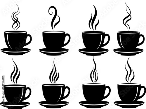 Eight steaming cups of coffee in two rows