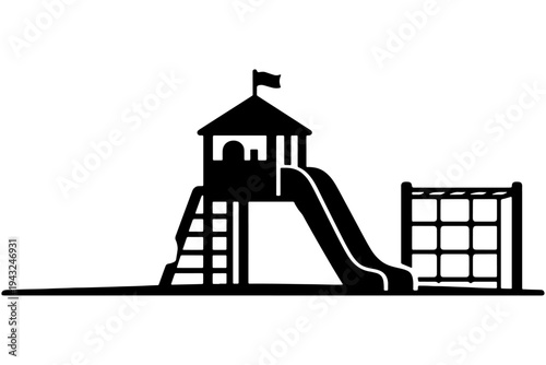 Simple Playground Equipment Illustration, Slide and Tower Black White Vector Icon