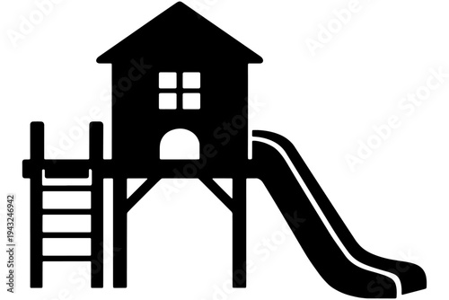 Simple Playground Slide Tower Illustration, Black and White Kids Play Equipment Vector