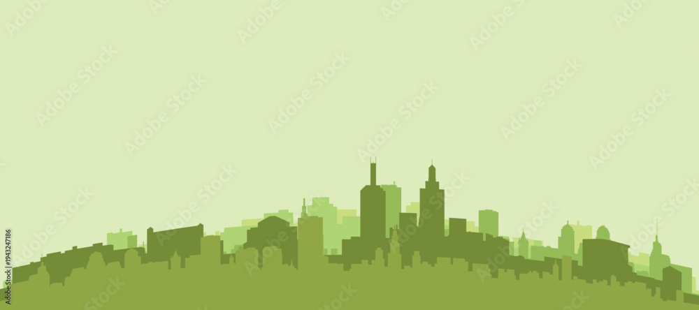 Obraz premium Green panoramic poster of the city skyline with solid background buildings on a hilly terrain of MELBOURNE, AUSTRALIA