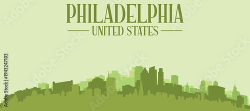 Green panoramic poster of the city skyline with solid background buildings on a hilly terrain of PHILADELPHIA, UNITED STATES