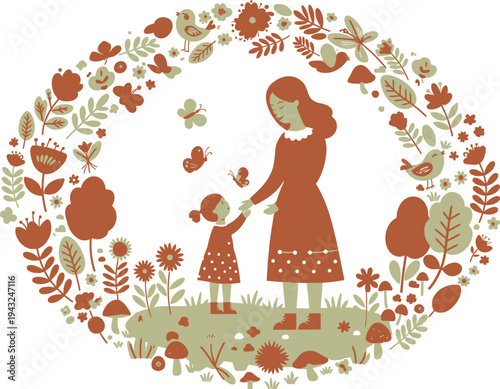 Mother and child surrounded by floral wreath with butterflies and leaves
