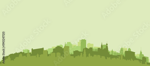 Green panoramic poster of the city skyline with solid background buildings on a hilly terrain of HAMBURG, GERMANY