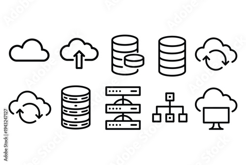 Collection of black outline icons depicting cloud computing, data storage, server architecture, and network infrastructure.