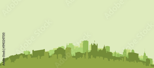 Green panoramic poster of the city skyline with solid background buildings on a hilly terrain of LONDON, ENGLAND