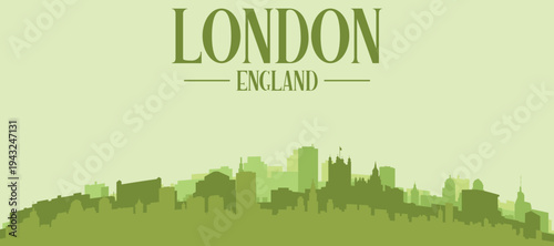 Green panoramic poster of the city skyline with solid background buildings on a hilly terrain of LONDON, ENGLAND