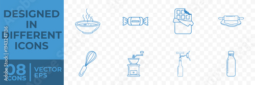 A flat vector graphic illustration featuring 8 different icons of kitchen utensils and food items, designed in a simple line style.