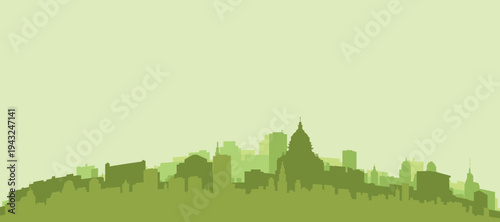 Green panoramic poster of the city skyline with solid background buildings on a hilly terrain of PARIS, FRANCE