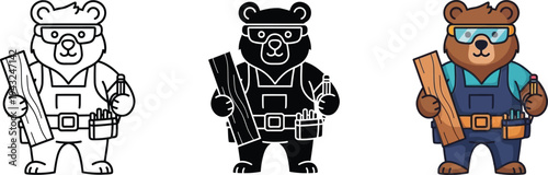 Adorable vector graphic illustration featuring a friendly carpenter bear character wearing safety goggles and overalls holding a wooden plank ready for construction work