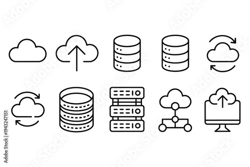 Comprehensive set of black outline icons illustrating cloud computing, data storage, server systems, and network services.