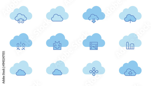 Dynamic blue and black outline cloud computing icon set for various data operations, security, and network solutions.