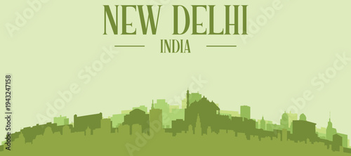 Green panoramic poster of the city skyline with solid background buildings on a hilly terrain of NEW DELHI, INDIA