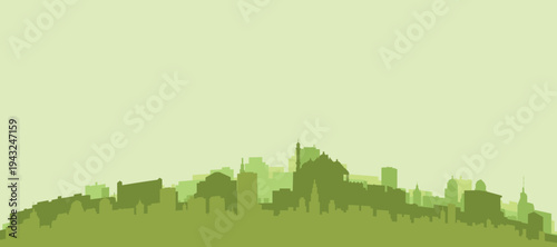 Green panoramic poster of the city skyline with solid background buildings on a hilly terrain of NEW DELHI, INDIA