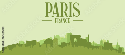 Green panoramic poster of the city skyline with solid background buildings on a hilly terrain of PARIS, FRANCE