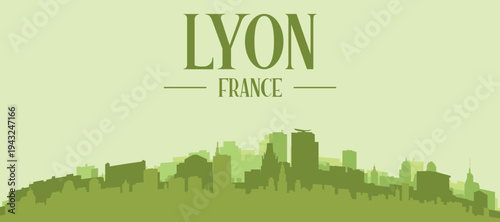 Green panoramic poster of the city skyline with solid background buildings on a hilly terrain of LYON, FRANCE