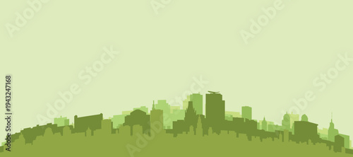 Green panoramic poster of the city skyline with solid background buildings on a hilly terrain of LYON, FRANCE