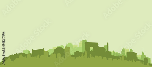 Green panoramic poster of the city skyline with solid background buildings on a hilly terrain of PARIS, FRANCE
