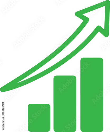 Green bar chart with upward arrow indicating growth and increase Vector, illustration