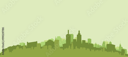Green panoramic poster of the city skyline with solid background buildings on a hilly terrain of MELBOURNE, AUSTRALIA