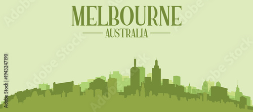 Green panoramic poster of the city skyline with solid background buildings on a hilly terrain of MELBOURNE, AUSTRALIA