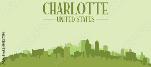 Green panoramic poster of the city skyline with solid background buildings on a hilly terrain of CHARLOTTE, UNITED STATES